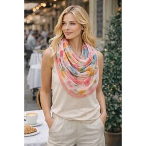 Eyeful Sheer Floral Infinity Scarf‎ Pink Border Lightweight Polyester Wrap